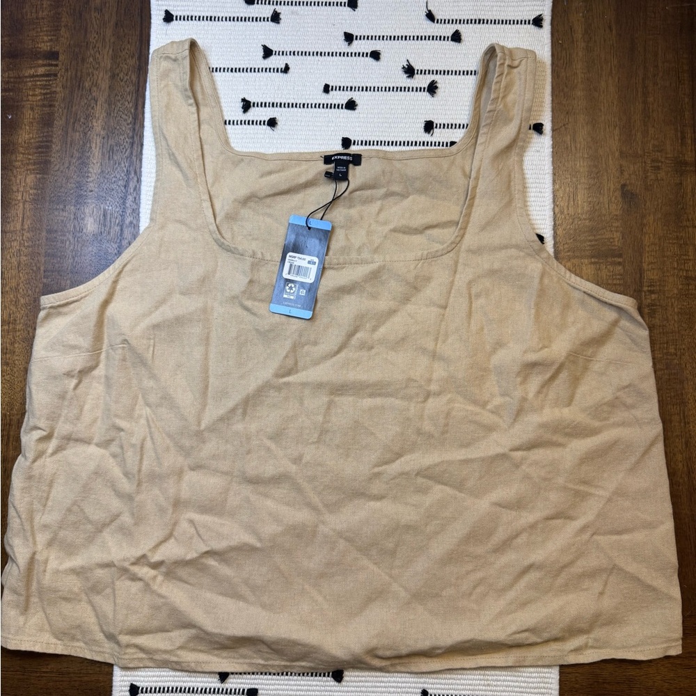 NWT Express Linen Blend Cropped Tank Top - Square Neck - Khaki - L